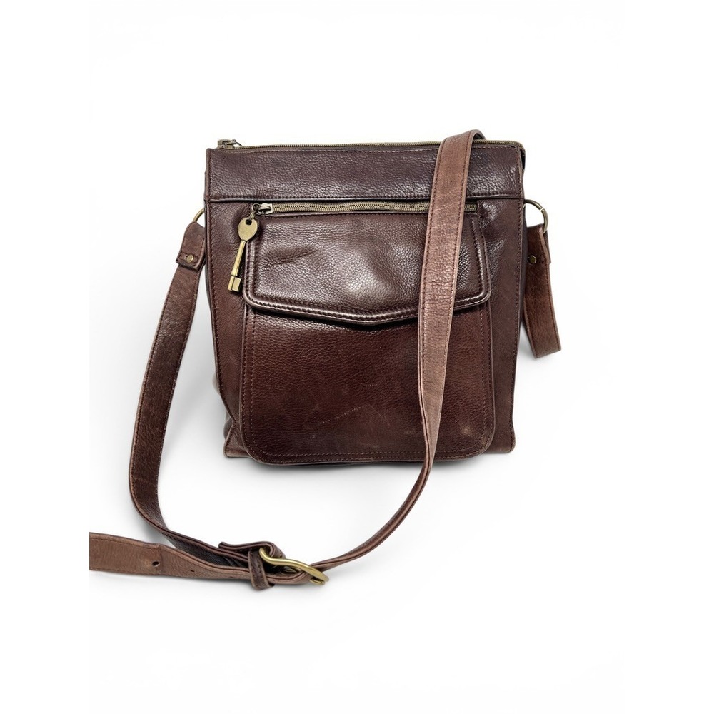 Fossil‎ Vintage Crossbody Shoulder Bag Brown Pebbled Leather Satchel Pockets KEY